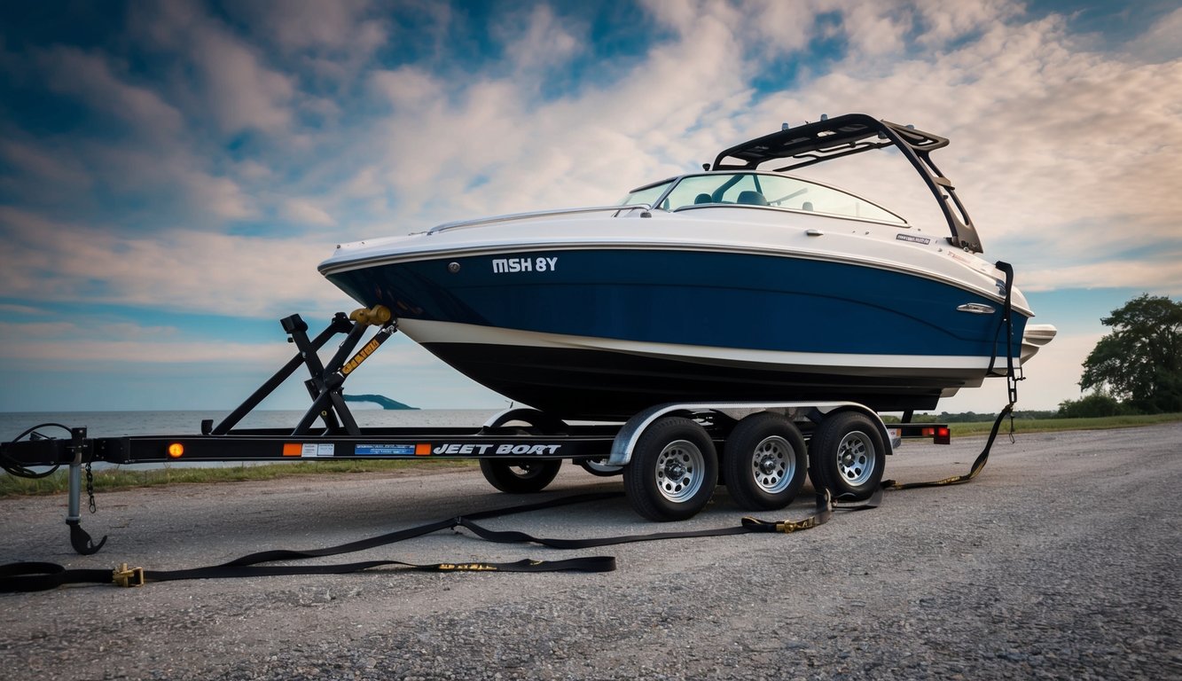 A jet boat being improperly secured on a trailer, with straps hanging loose and the boat leaning to one side
