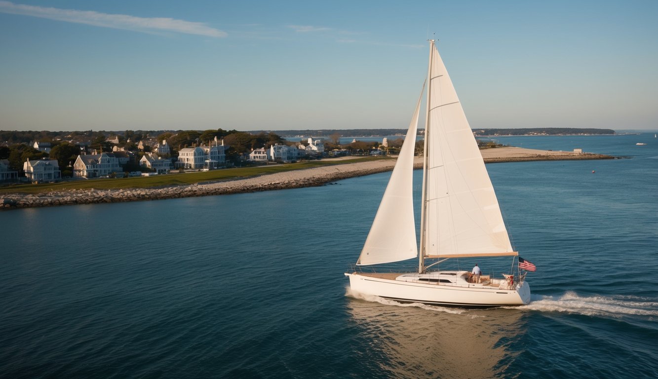 A sailboat glides through calm waters, passing by the picturesque coastline of Newport and heading towards the charming island of Nantucket