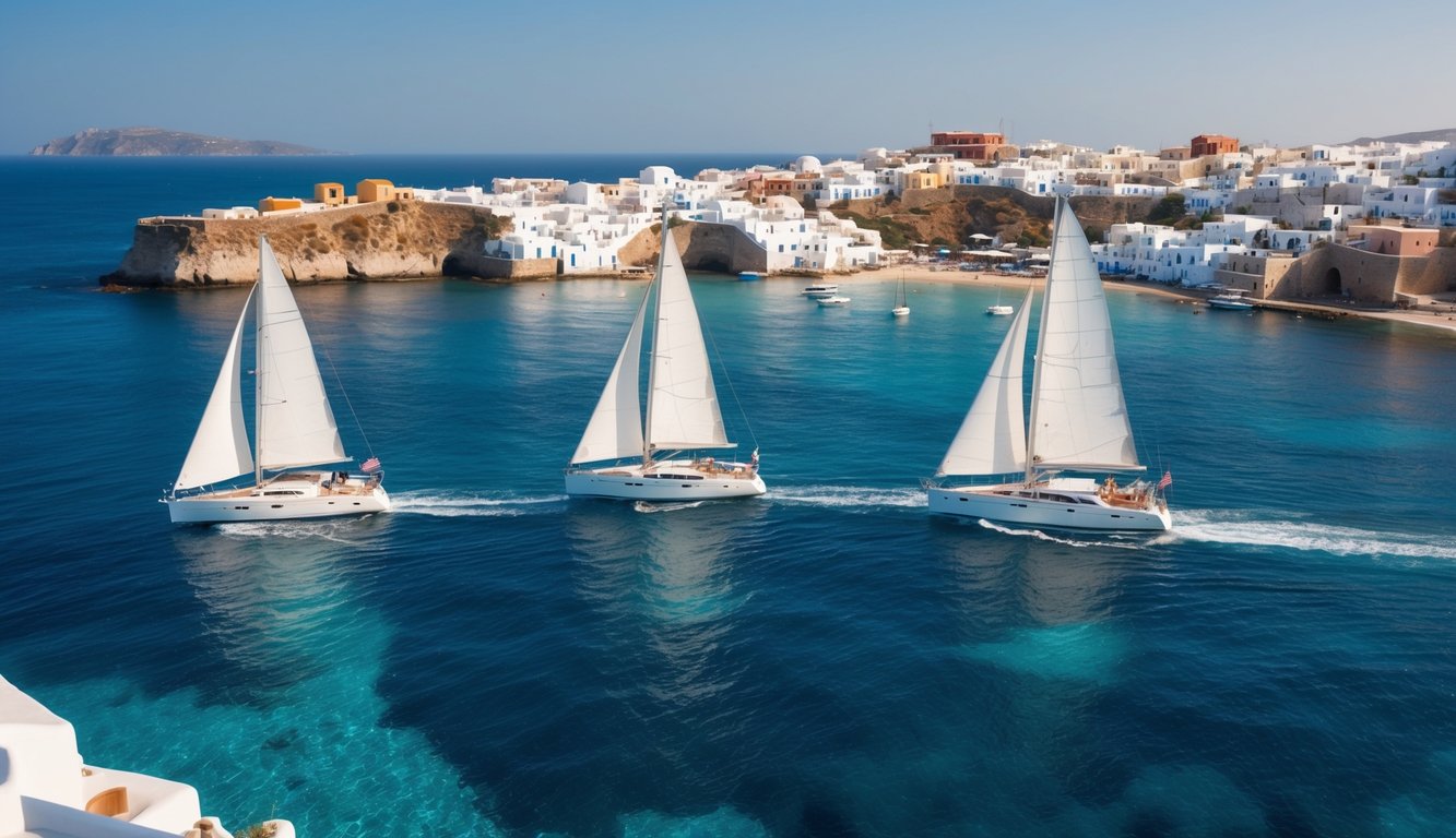 Sailboats glide through crystal-clear waters, passing by whitewashed buildings and colorful rooftops nestled along the cliffs of Mykonos and Santorini