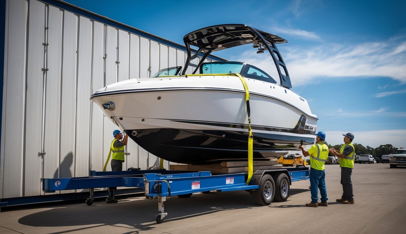 A jet boat being loaded onto a shipping crate, workers checking measurements and securing straps