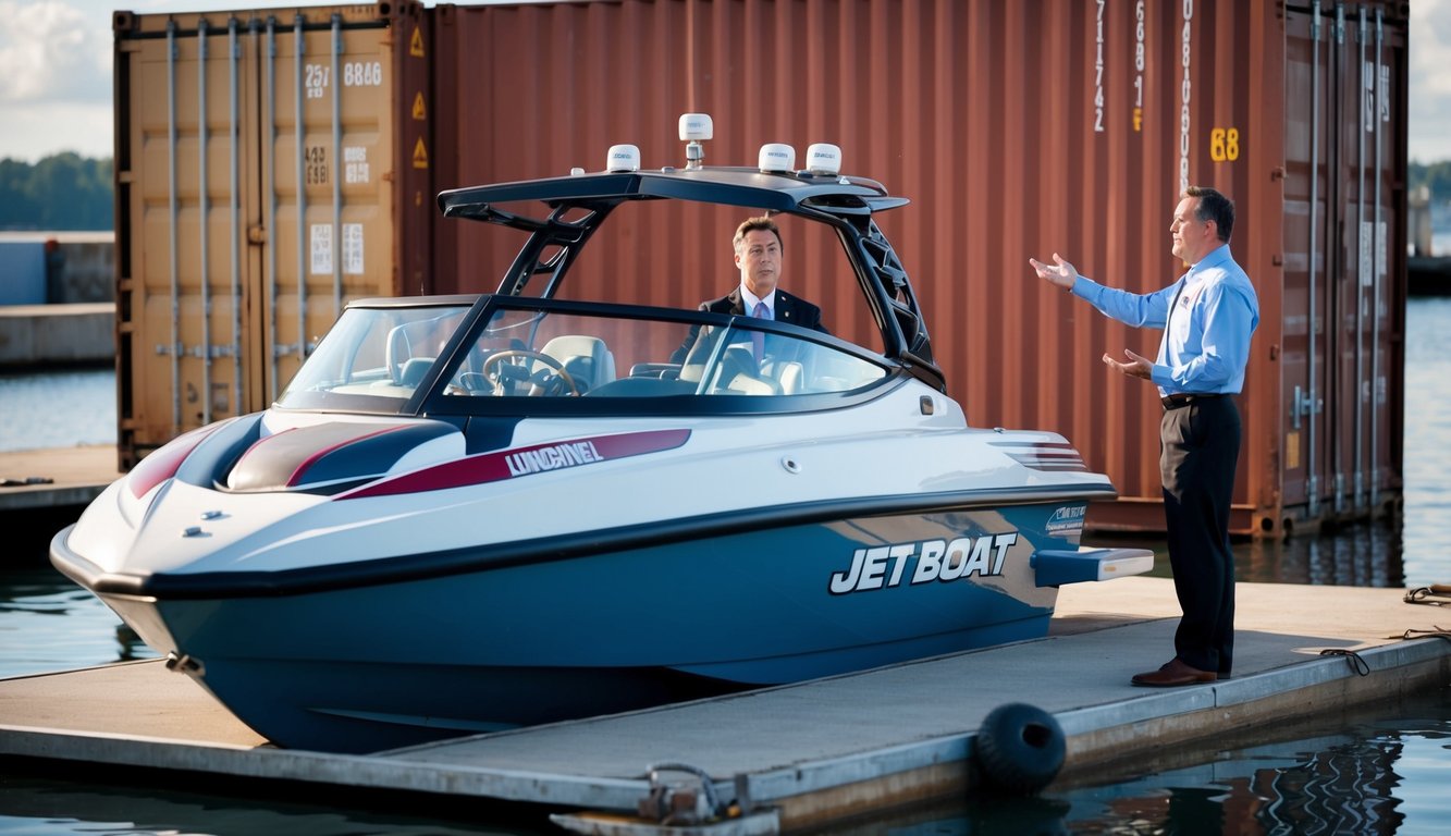A jet boat sits on a dock, surrounded by shipping containers. A frustrated individual gestures towards the boat while talking to a stern-looking insurance agent