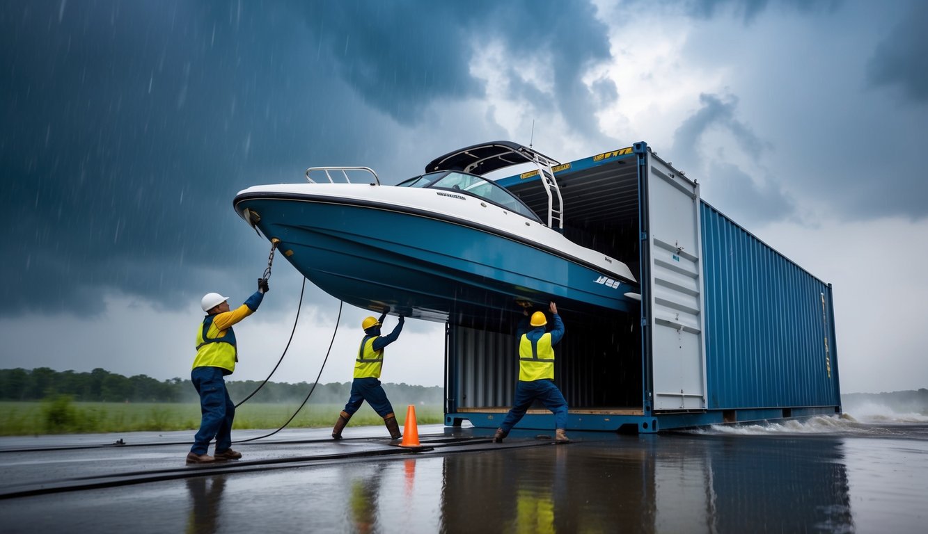 A jet boat being loaded onto a shipping container in a storm, with workers struggling against strong winds and rain