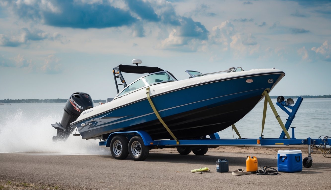 A jet boat slides off a trailer, its straps hanging loose. Loose items scatter around the boat, including a fuel can and a cooler