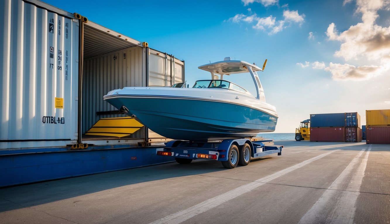 A jet boat being loaded onto a shipping container with missing documents and incorrect labeling, causing confusion and delays