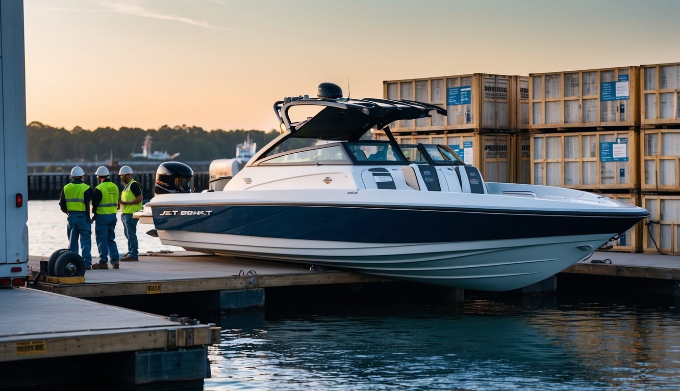 A jet boat sitting on a dock, surrounded by shipping crates and workers inspecting the boat for potential mistakes before it is loaded onto a transport vehicle