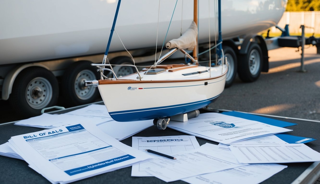A sailboat sitting on a trailer, surrounded by paperwork, including a bill of sale, title, and registration documents