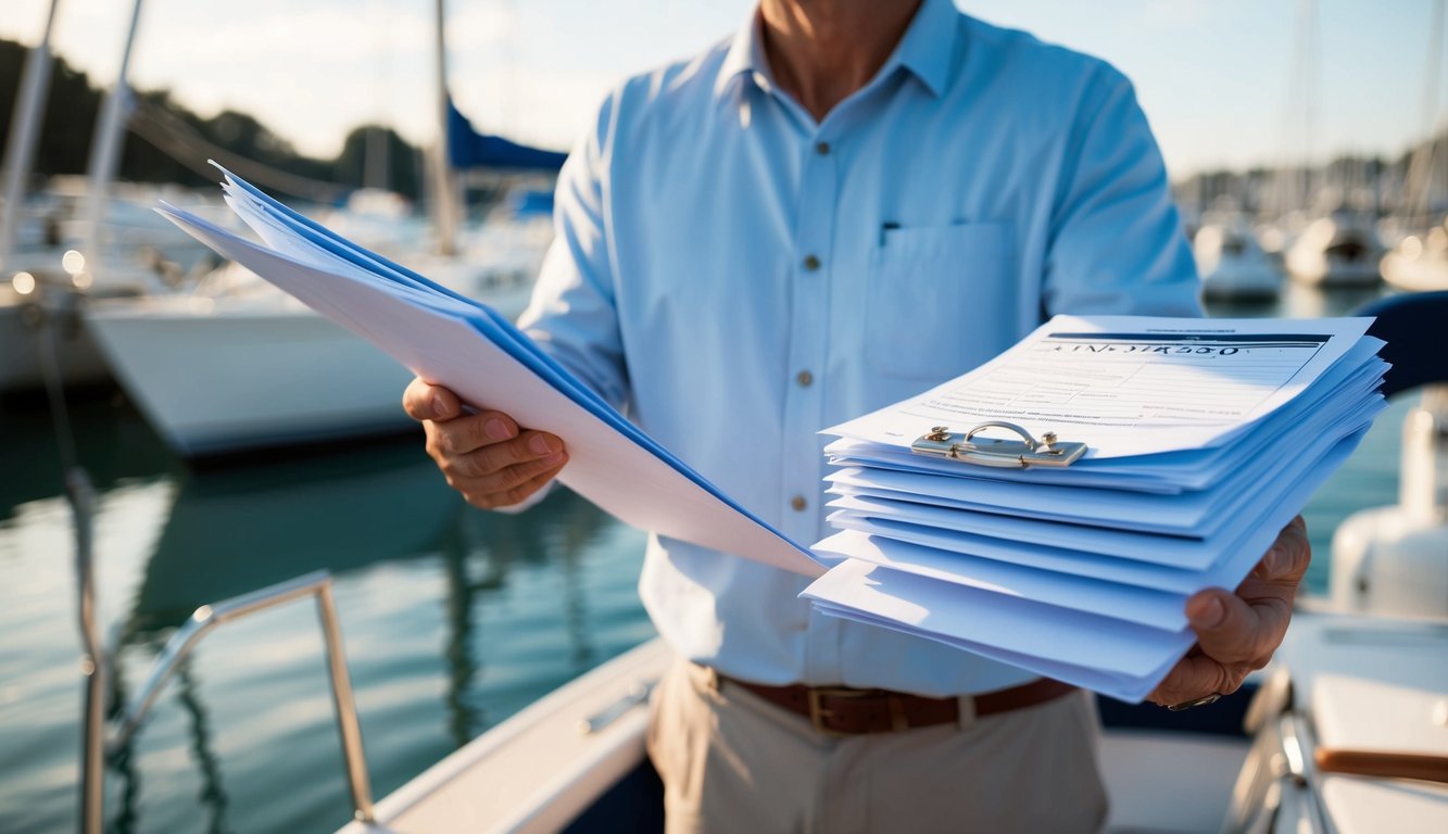 A sailboat owner holds up a stack of paperwork, including a title, registration, and bill of sale, with a marina and boat in the background