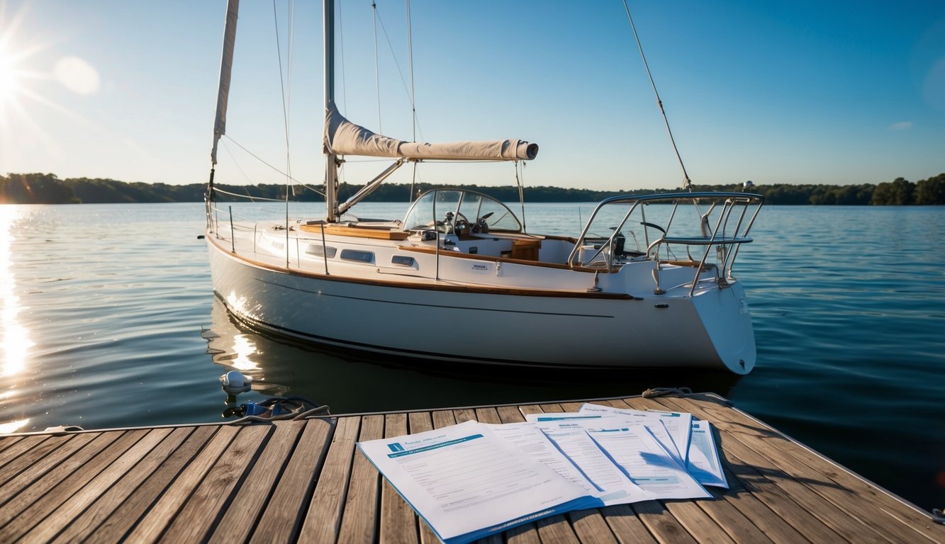 A sailboat floating on calm water, with a registration document and other paperwork laid out on a wooden dock. The sun is shining and a gentle breeze ripples the sails