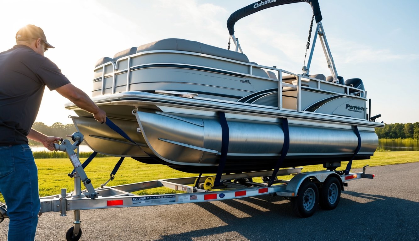 A pontoon boat being securely loaded onto a trailer, with straps being fastened and safety measures being taken for local or long-distance transport