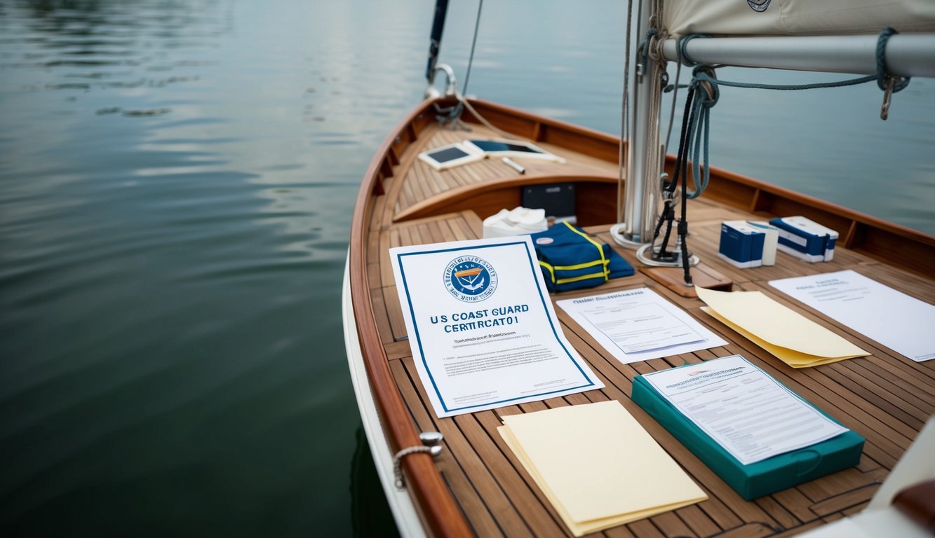 A sailboat sitting on calm water, with a U.S. Coast Guard Certificate of Documentation visible on the deck, alongside other paperwork and shipping supplies