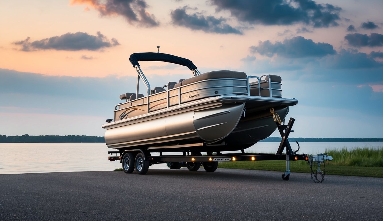 A pontoon boat being loaded onto a trailer with options for local and long-distance transport services