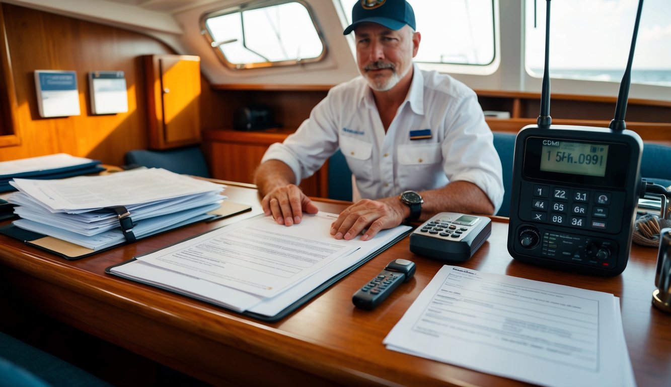 A sailboat captain surrounded by paperwork, including a ship radio license, on a wooden desk in a cozy cabin