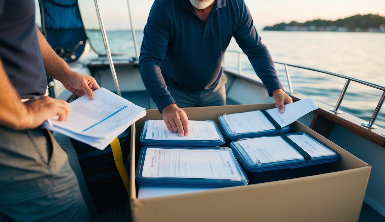 A sailboat owner gathers insurance documents and boat registration papers before loading them into a waterproof container for shipping