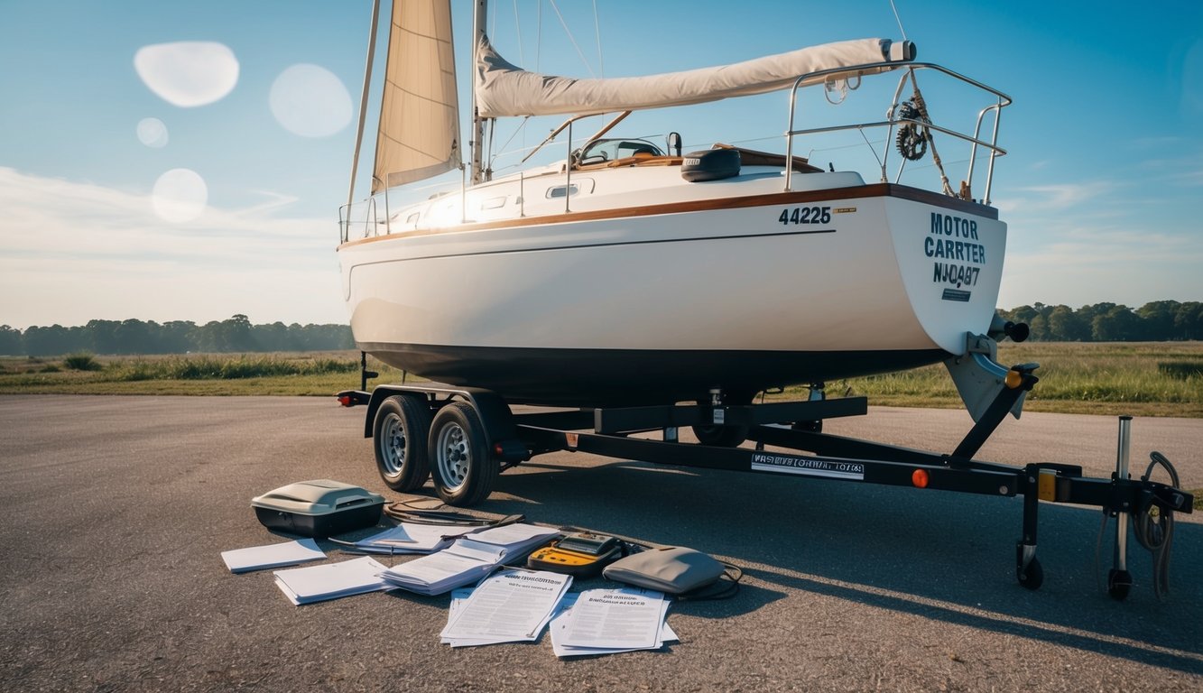 A sailboat resting on a trailer with a motor carrier number displayed and various paperwork scattered around