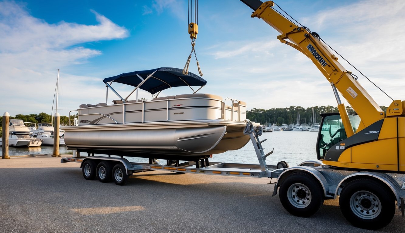 A pontoon boat being loaded onto a trailer by a crane at a marina for transport