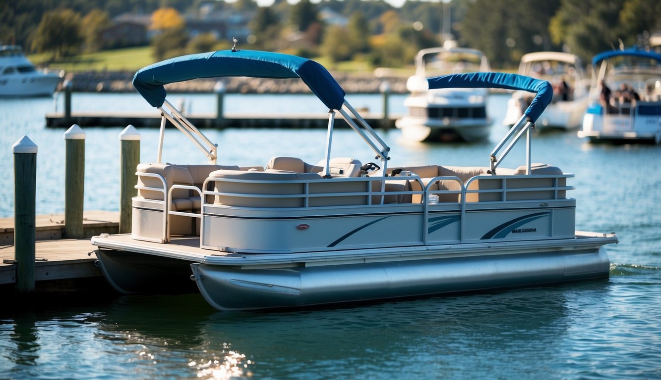 A pontoon boat docked at a waterfront, with other boats in the background, ready to provide local and long-distance transport services