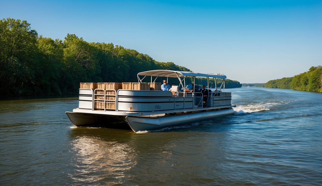 A pontoon boat loaded with cargo cruises across a wide river, with lush green trees lining the banks and a clear blue sky overhead