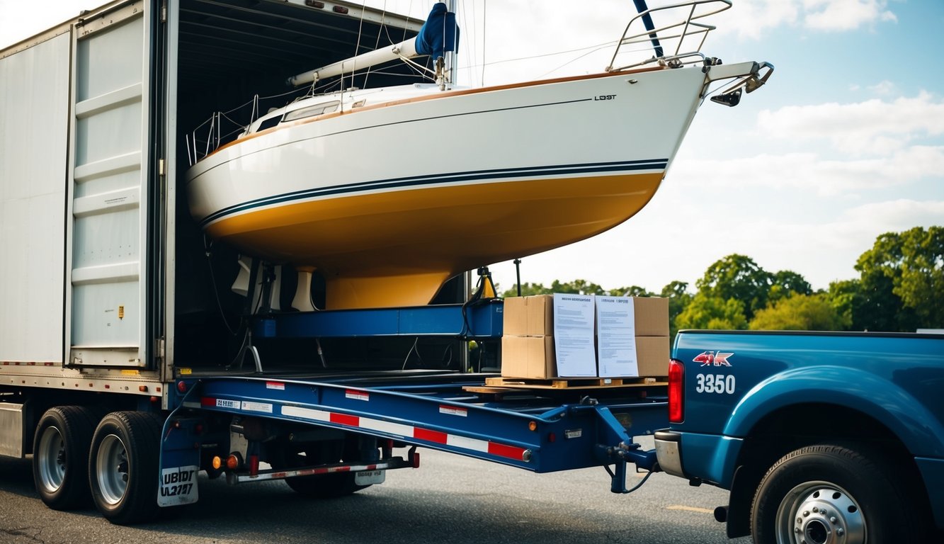 A sailboat being loaded onto a trailer, with a stack of paperwork and a USDOT number visible on the side of a truck
