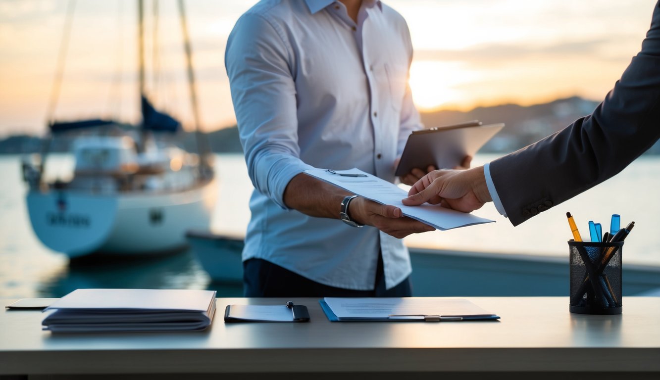 A person standing at a desk, handing over paperwork to a shipping agent, with a sailboat in the background