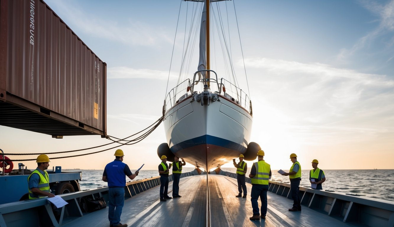 A sailboat being loaded onto a cargo ship, surrounded by workers and paperwork being exchanged