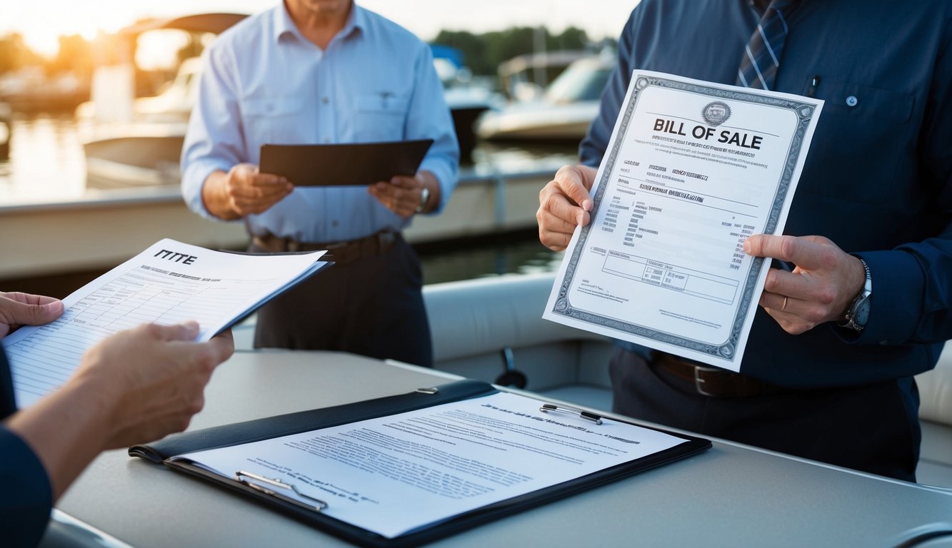 A person holding a title document and bill of sale for a pontoon boat, with a shipping company representative inspecting the paperwork