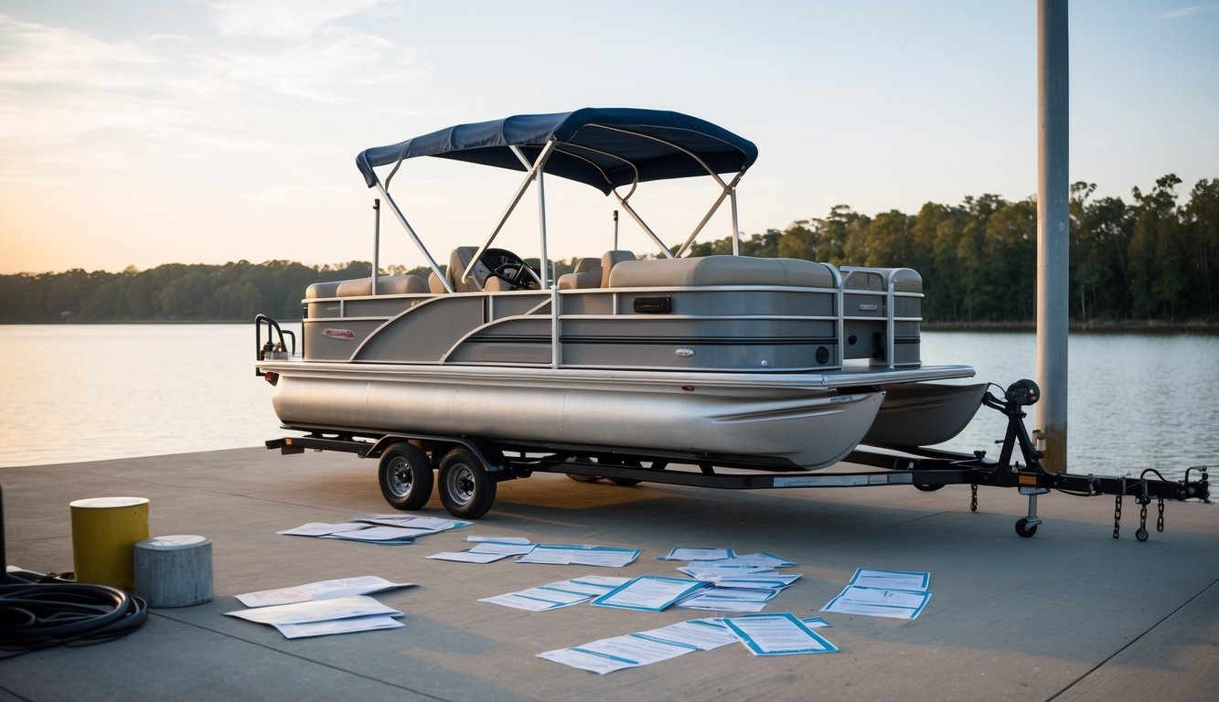 A pontoon boat on a trailer with a bill of sale, paperwork, and shipping labels scattered on a dock