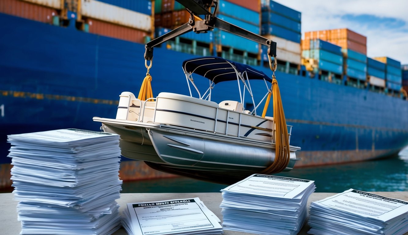 A pontoon boat being loaded onto a cargo ship, surrounded by stacks of paperwork, including a marine insurance policy