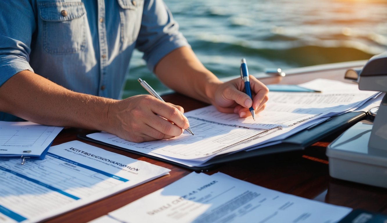 A person filling out state registration paperwork for a pontoon boat, with various forms and documents spread out on a desk