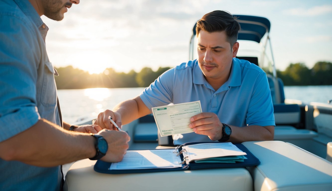 A person gathers driver's license and paperwork for shipping a pontoon boat