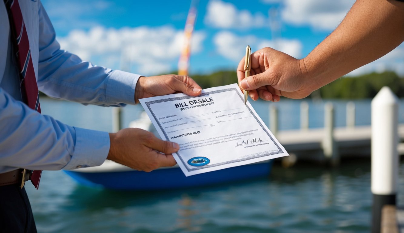 A person handing over a notarized bill of sale to a shipping company for a pontoon boat