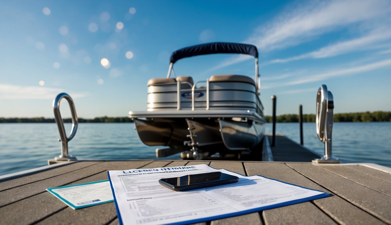 A dock with a pontoon boat, surrounded by paperwork, including a license and forms