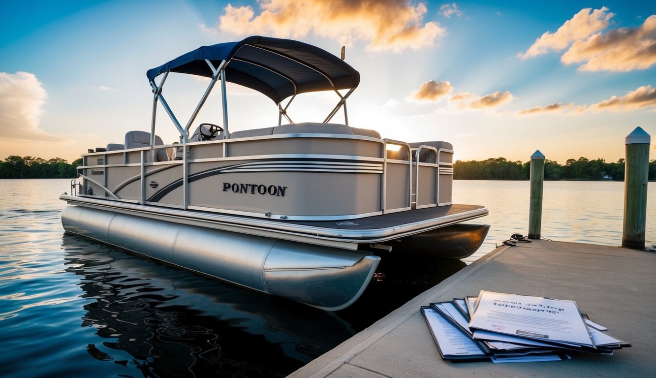 A pontoon boat with cargo capacity plate and paperwork laid out on a dock