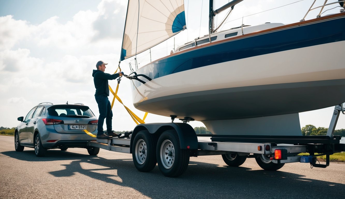 A sailboat being loaded onto a trailer by a person using a winch and straps, with a car hitched up and ready for transport
