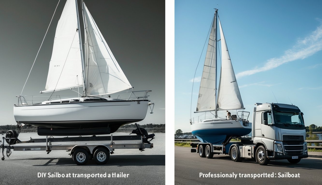 A DIY sailboat being transported on a trailer next to a professionally transported sailboat on a large truck. The DIY option shows a smaller, older trailer with the sailboat securely tied down, while the professional option displays a larger, modern truck with the sailboat safely secured and covered