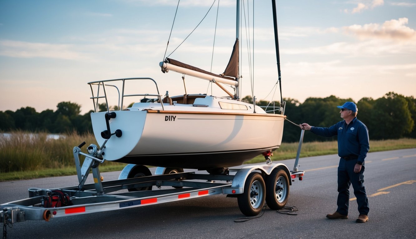 A DIY sailboat being transported on a trailer, with a person checking the securement of the boat while considering potential safety concerns and risk management