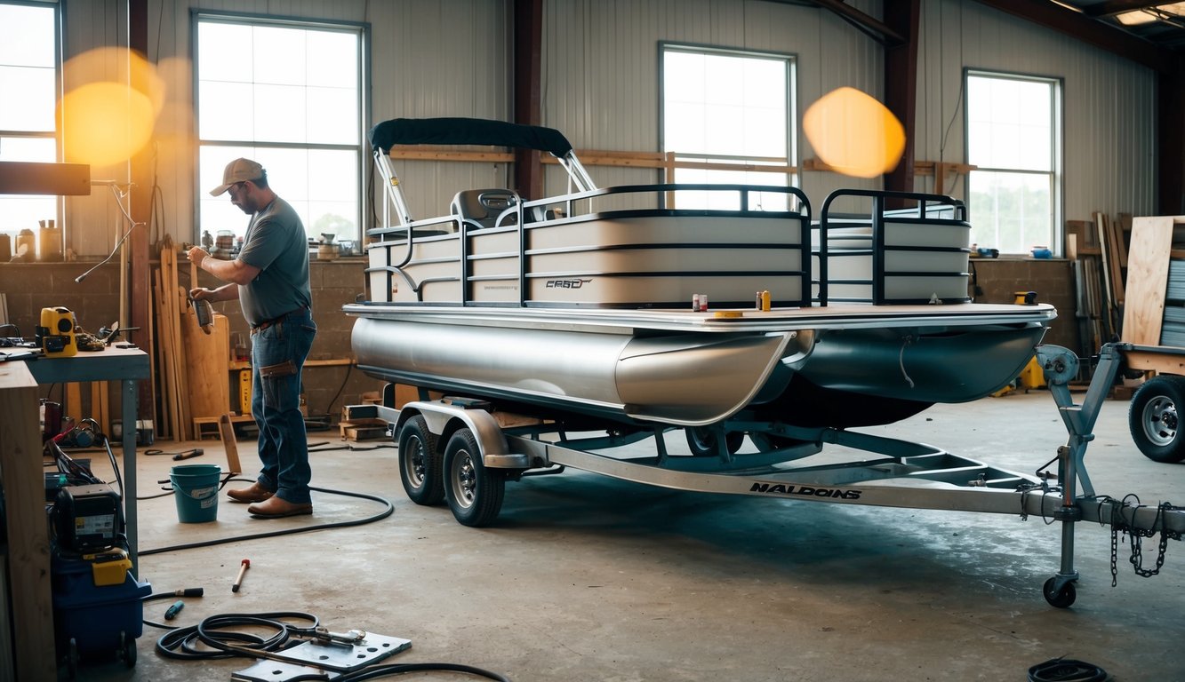 A person constructing a pontoon boat in a workshop, surrounded by tools, materials, and plans. Nearby, a completed pontoon boat is being loaded onto a trailer for transport