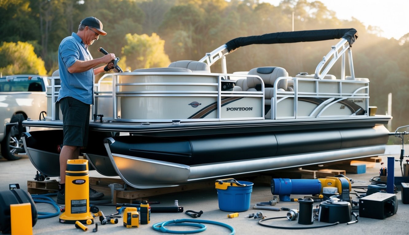 A person customizing a pontoon boat with tools and materials, surrounded by various parts and accessories