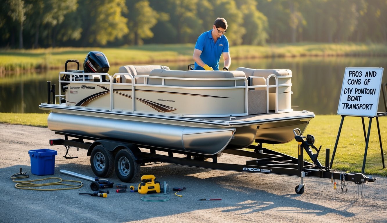 A person assembling a pontoon boat on a trailer, with tools and materials scattered around. The pros and cons of DIY pontoon boat transport are written on a nearby whiteboard
