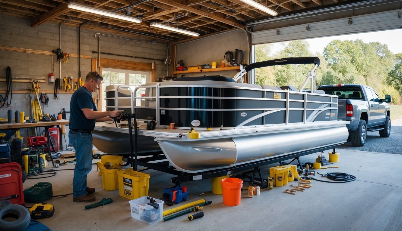 A person assembling a pontoon boat in a cluttered garage, surrounded by tools, materials, and safety hazards. Outside, a truck with a trailer awaits transport