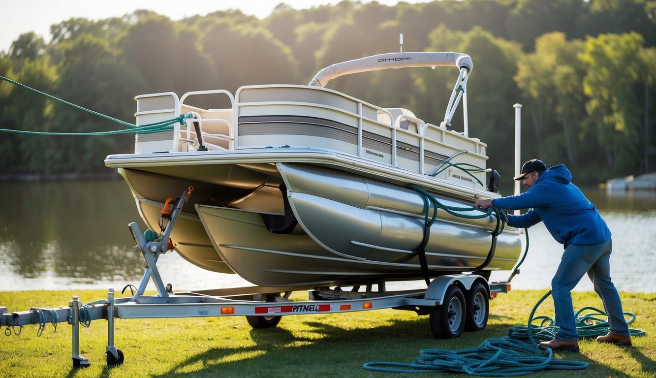 A person securing a pontoon boat to a trailer, struggling with tangled ropes and straps while weighing the options of DIY transport