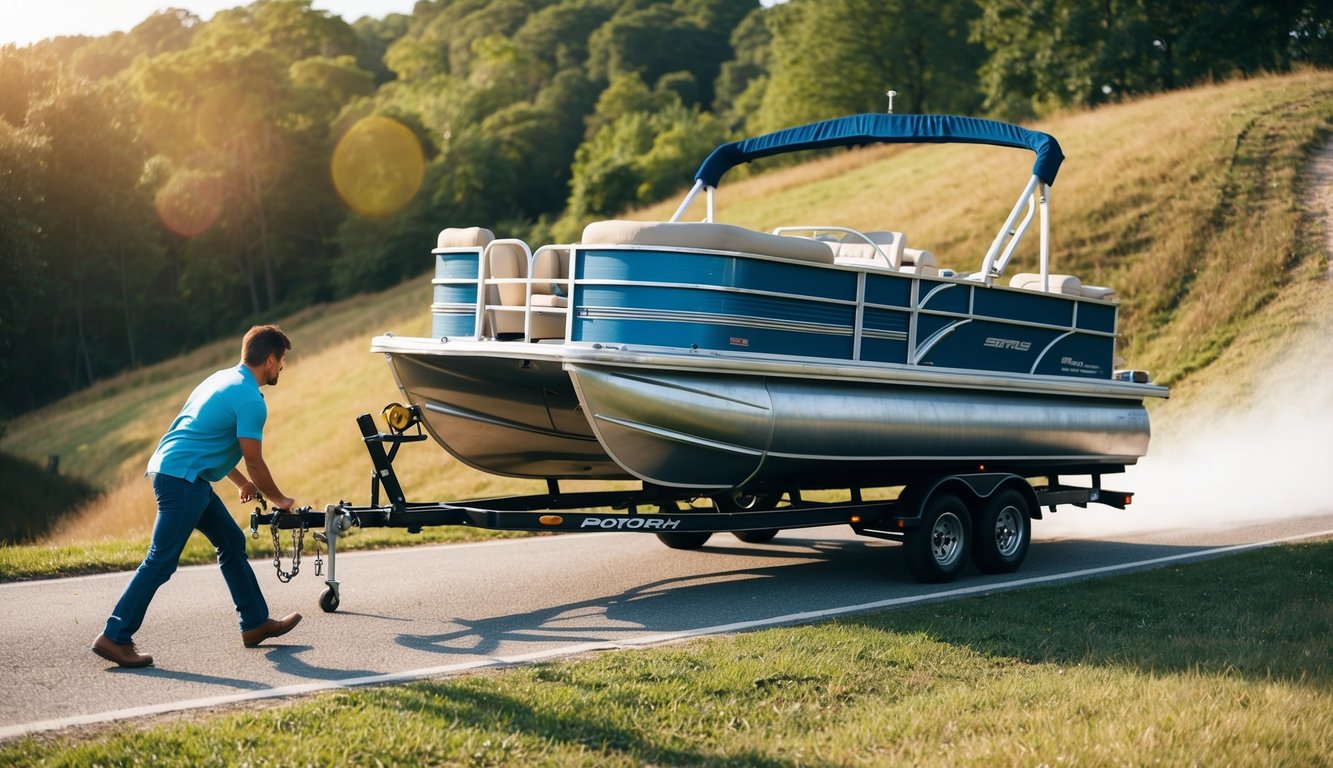 A person struggles to tow a pontoon boat with limited experience. The boat wobbles on the trailer as they navigate a steep hill