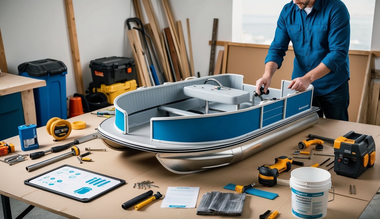 A person assembling a pontoon boat from scratch, surrounded by tools, materials, and instructions. Pros and cons of DIY transport are listed on a nearby whiteboard