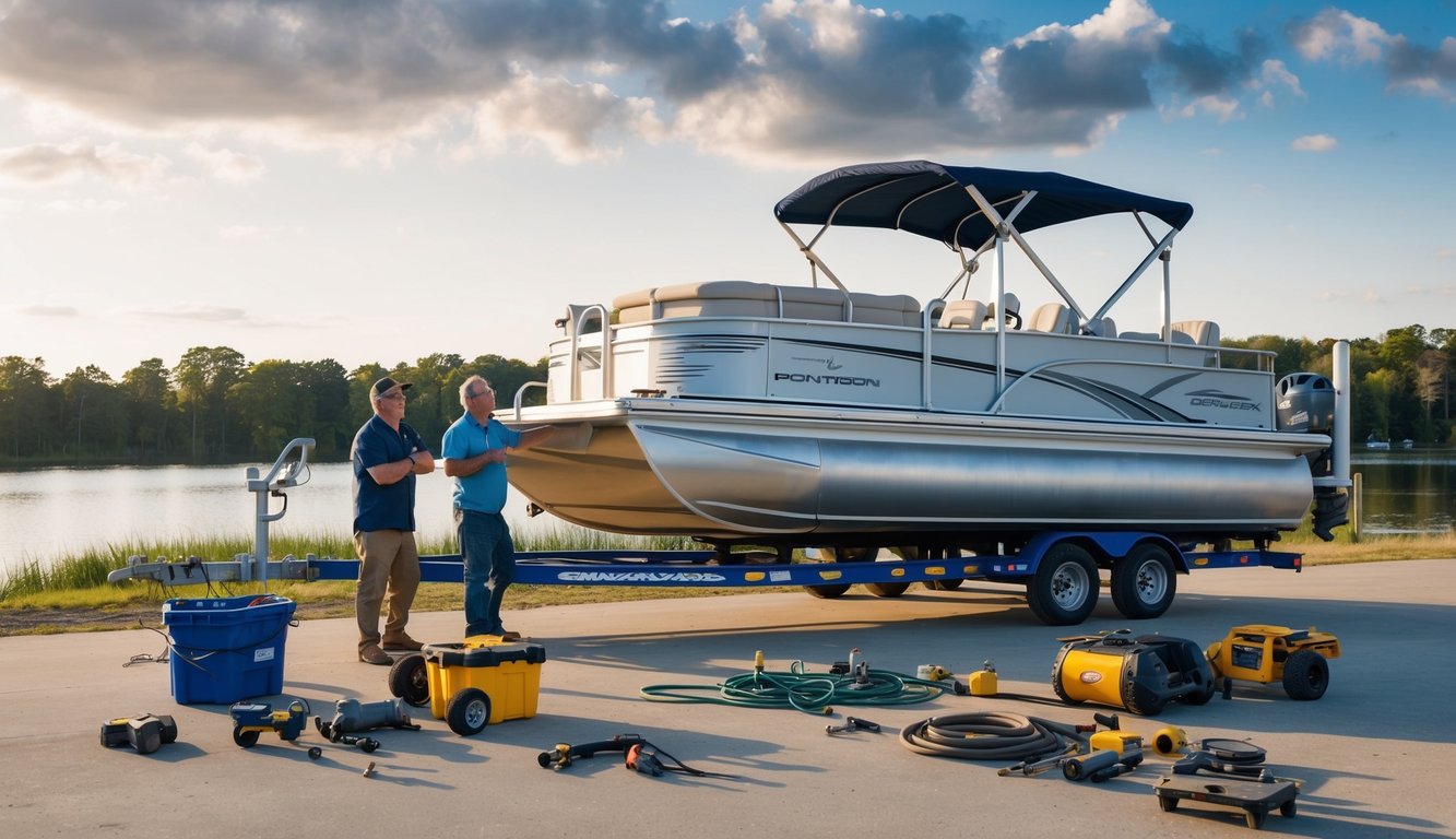 A pontoon boat being loaded onto a trailer, surrounded by scattered tools and equipment. The owner looks stressed while considering the pros and cons of transporting it themselves