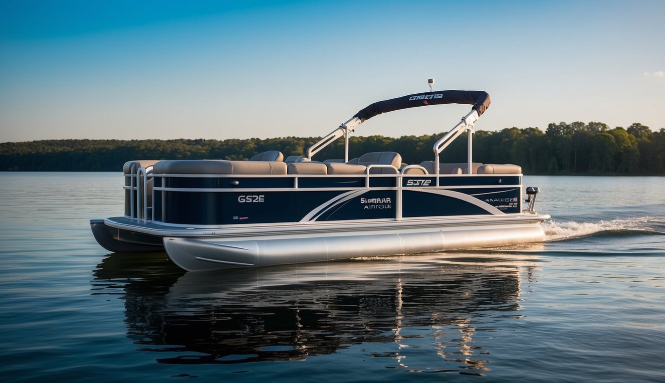 A sleek Super Air Nautique GS22E pontoon boat glides across a calm, glassy lake, with eco-friendly options highlighted in the design