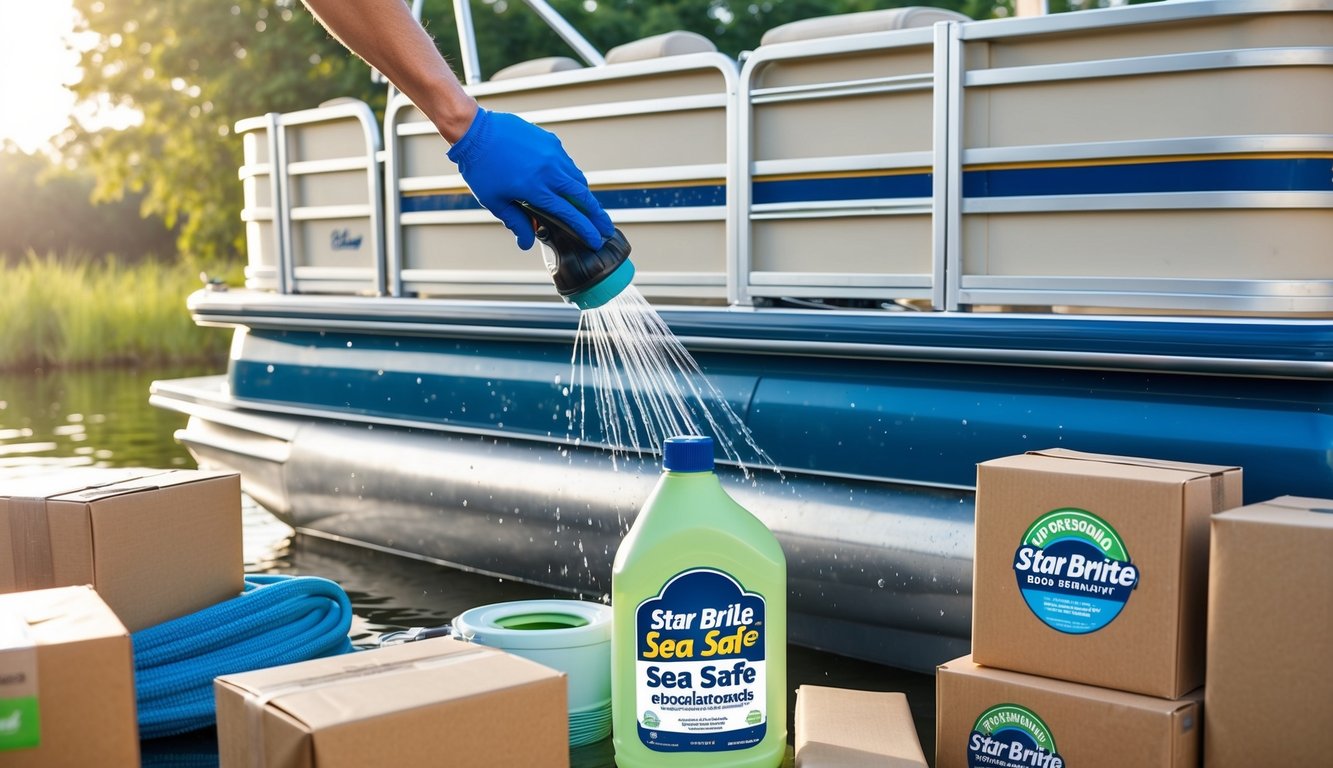A pontoon boat being washed with Star Brite Sea Safe Biodegradable Boat Wash, surrounded by eco-friendly packaging and shipping materials