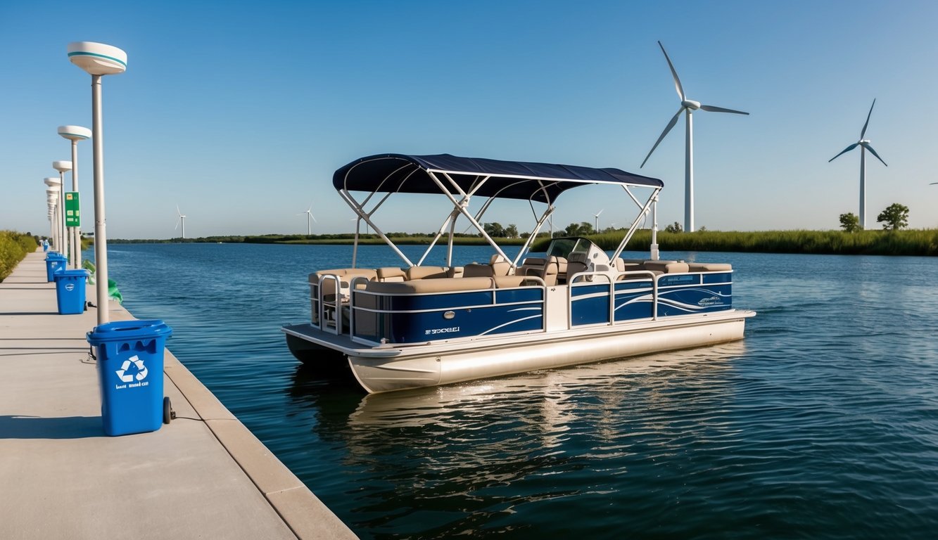 A pontoon boat with solar panels and wind turbines, surrounded by electric charging stations and recycling bins, on a clean and serene waterway