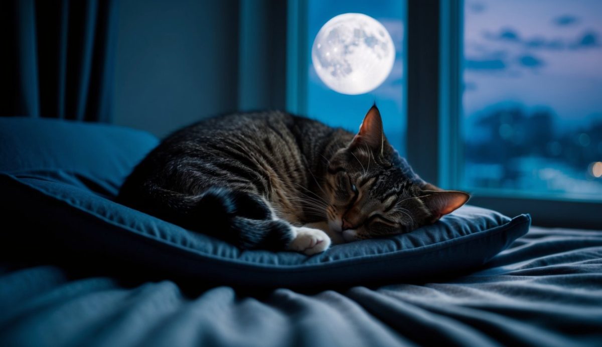 A tabby cat sleeps curled up on a pillow by the window at night, with a full moon outside—proof that while some wonder if cats are nocturnal, they often choose rest at any hour.