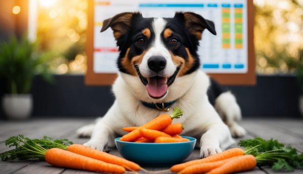 A happy dog sits in front of a bowl of carrots and loose carrots, with a blurred schedule or chart in the background—perfect for anyone wondering, "Are carrots good for dogs?.