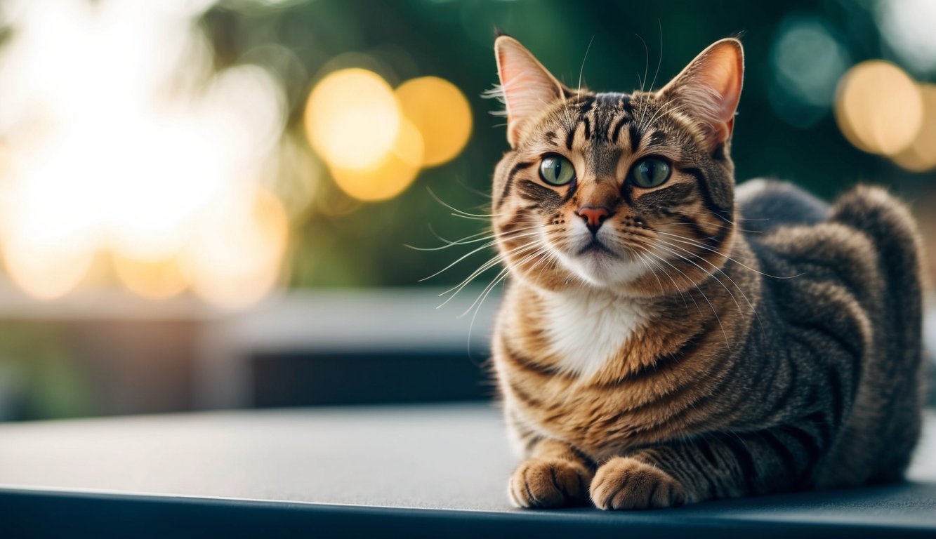 A tabby cat with green eyes lies on a flat surface outdoors, as though waiting to share cat jokes, with blurred greenery and warm lights in the background.