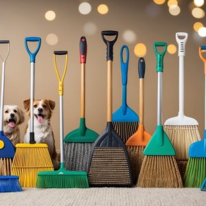 Four dogs are sitting on a carpet in front of colorful brooms, rakes, and a carpet rake, with a blurred background of round lights.